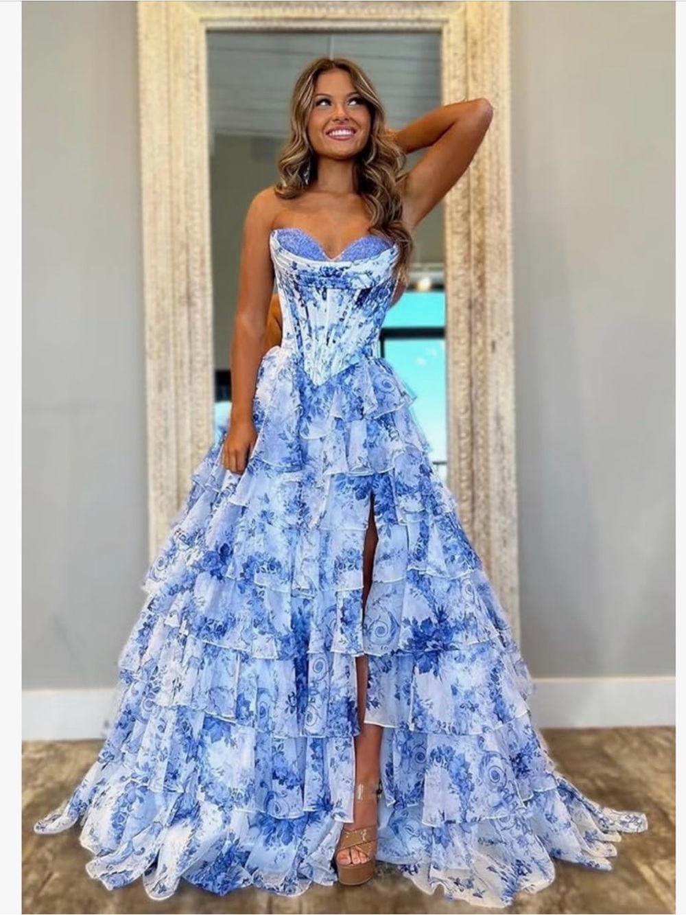 Strapless Blue Floral Ruffled Ball Gown Dress